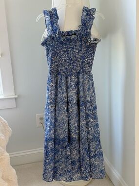 Amanda Uprichard White and Blue Floral Smocked Midi Dress
